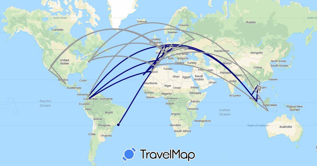TravelMap itinerary: driving, plane in Belgium, Brazil, Switzerland, Colombia, Czech Republic, Germany, Spain, France, United Kingdom, Indonesia, Laos, Morocco, Mexico, Netherlands, Russia, Singapore, Thailand, Ukraine, United States, Vietnam (Africa, Asia, Europe, North America, South America)